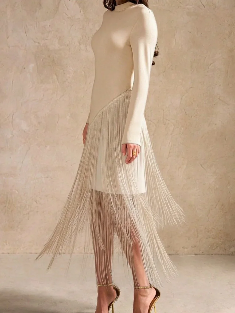 Champagne Elegant Women's Tassel Turtleneck Long Sleeve Dress, - Picture 4 of 5